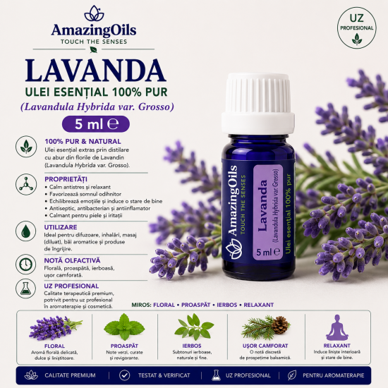  LAVANDA- Ulei esential 100% pur -  (Lavendula Hybrida var. Grosso) 5ml