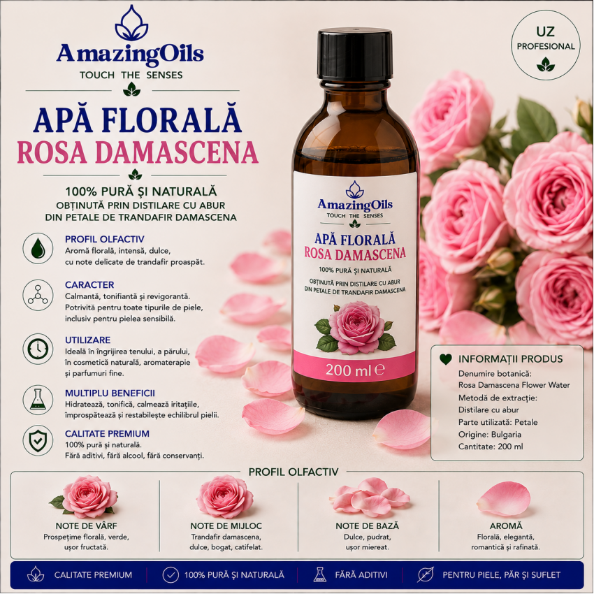 Apă Florală Trandafir de Damasc- Rosa Damascena-200ml