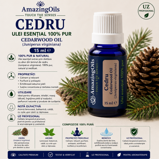 CEDRU-Ulei esential 100% pur  / CEDARWOOD OIL (Juniperus virginiana) 15 ml