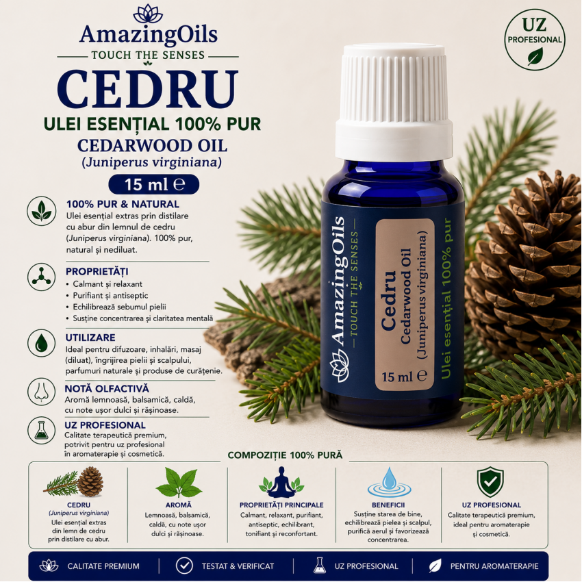 CEDRU-Ulei esential 100% pur  / CEDARWOOD OIL (Juniperus virginiana) 15 ml