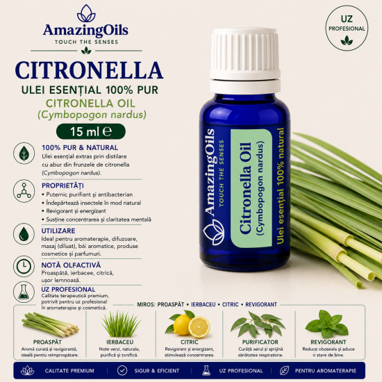  CITRONELLA -Ulei esential 100% pur - CITRONELLA OIL (Cymbopogon nardus) 15 ml