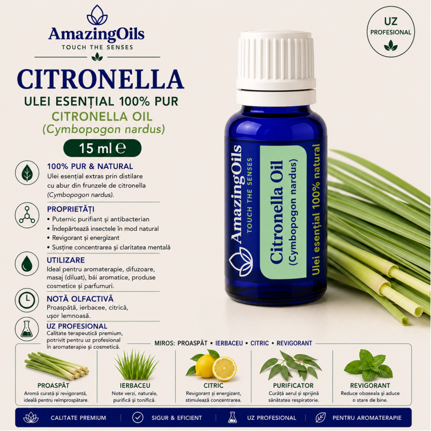  CITRONELLA -Ulei esential 100% pur - CITRONELLA OIL (Cymbopogon nardus) 15 ml
