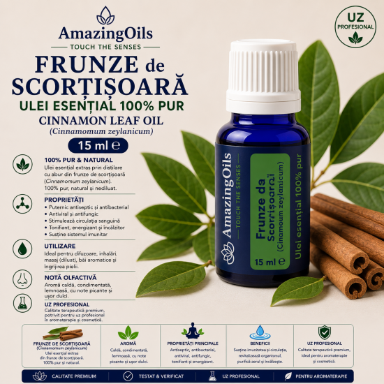 FRUNZE de SCORTISOARA -Ulei esential 100% pur -  CINNAMON LEAF OIL (Cinnamomum zeylanicum) 15 ml