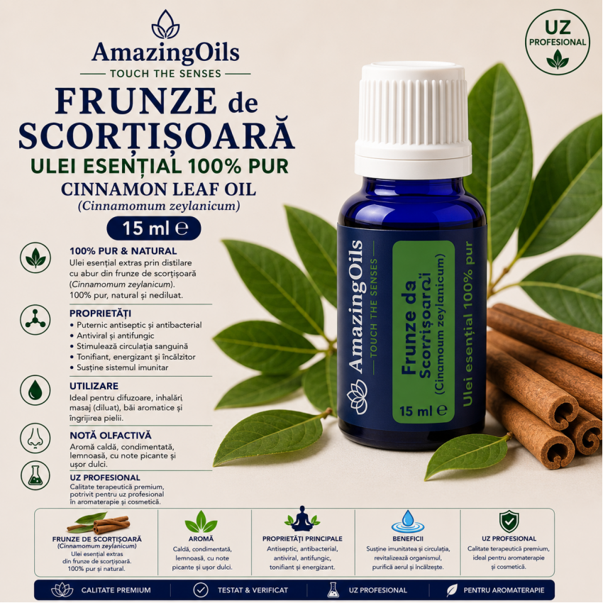 FRUNZE de SCORTISOARA -Ulei esential 100% pur -  CINNAMON LEAF OIL (Cinnamomum zeylanicum) 15 ml