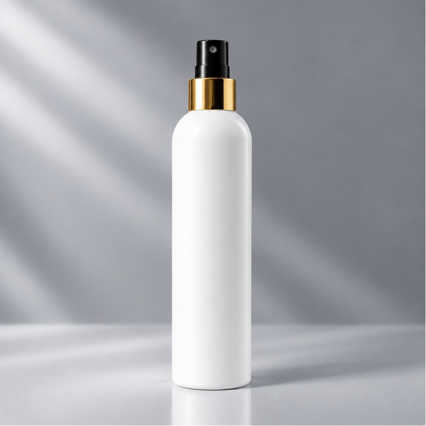 Flacon HDPE 250ml, Alb - Filet 24mm – Cu pulverizator auriu