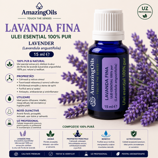 LAVANDA  FINA -Ulei esential 100% pur - LAVENDER (Lavandula angustifolia)  15 ml