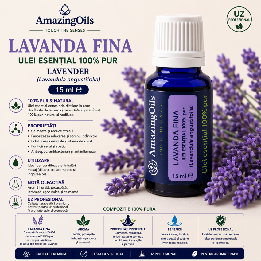 LAVANDA  FINA -Ulei esential 100% pur - LAVENDER (Lavandula angustifolia)  15 ml