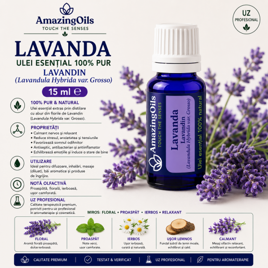  LAVANDA -  Ulei esential 100% pur - LAVANDIN  (Lavendula Hybrida var. Grosso) 15ml