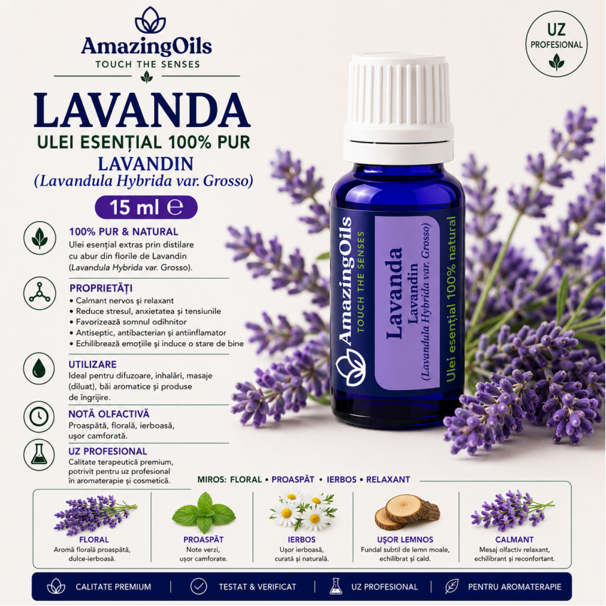  LAVANDA -  Ulei esential 100% pur - LAVANDIN  (Lavendula Hybrida var. Grosso) 15ml