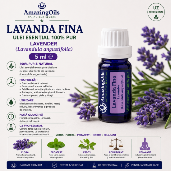  LAVANDA FINA - Ulei esential 100% pur  - LAVENDER (Lavandula angustifolia)-5 ml