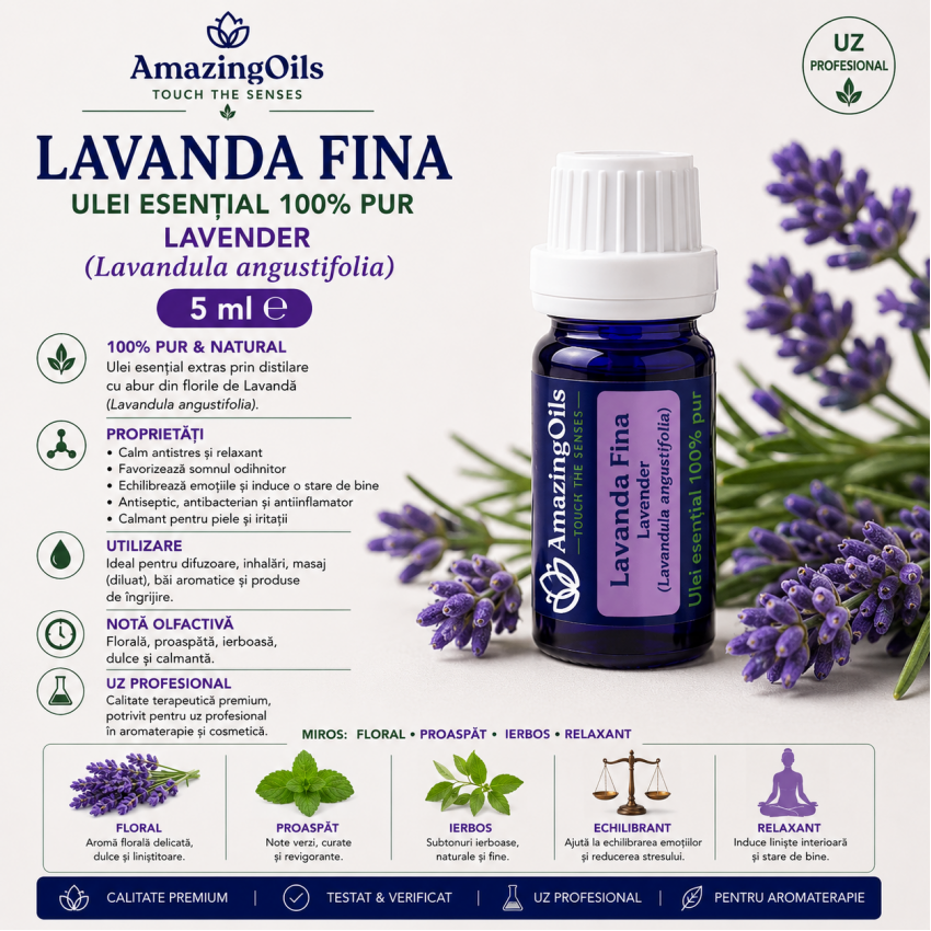  LAVANDA FINA - Ulei esential 100% pur  - LAVENDER (Lavandula angustifolia)-5 ml