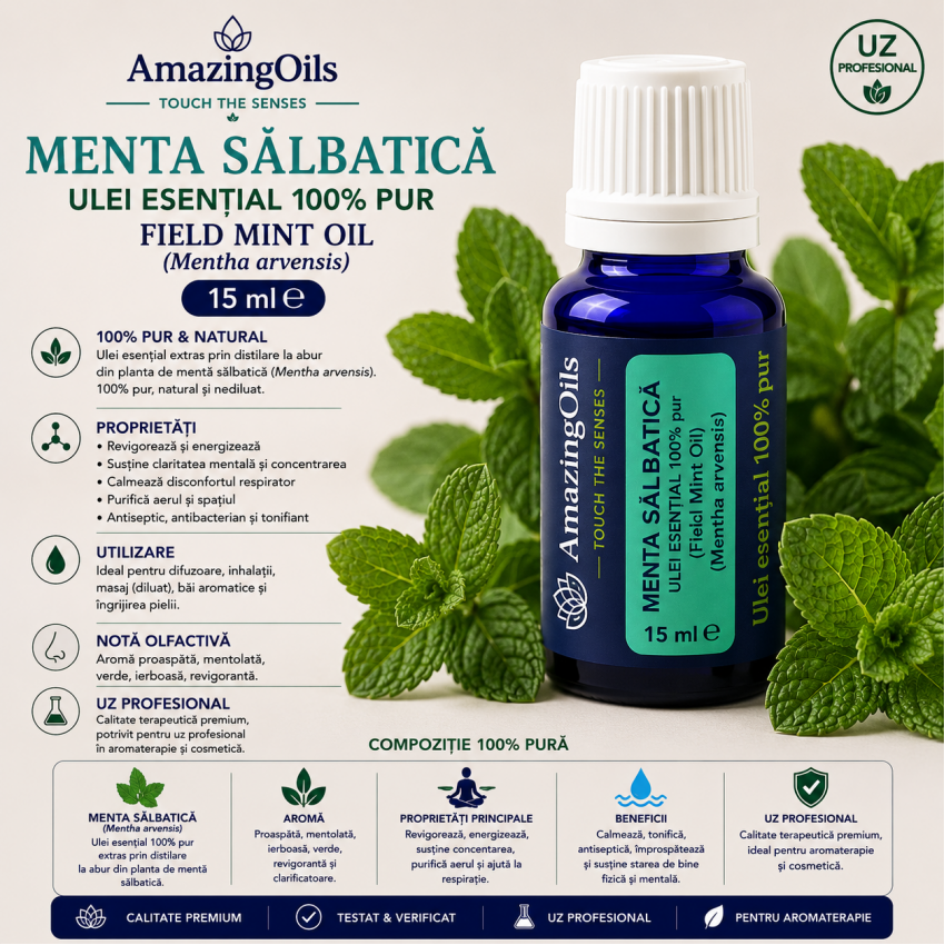 MENTA SALBATICA -Ulei esential 100% pur -  FIELD MINT OIL (Mentha arvensis) 15 ml