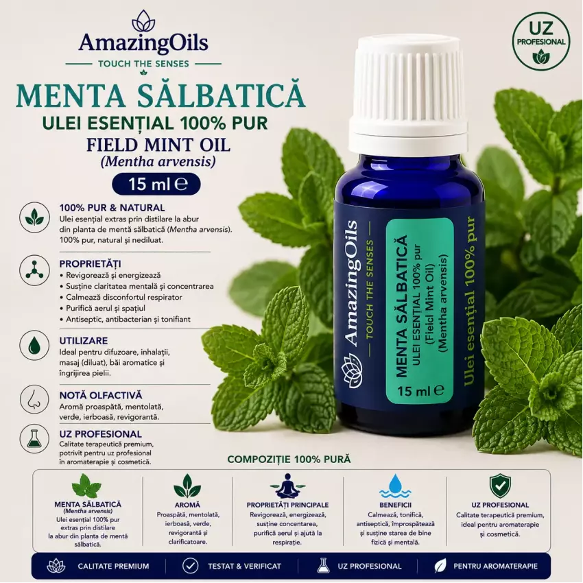 MENTA SALBATICA -Ulei esential 100% pur -  FIELD MINT OIL (Mentha arvensis) 15 ml