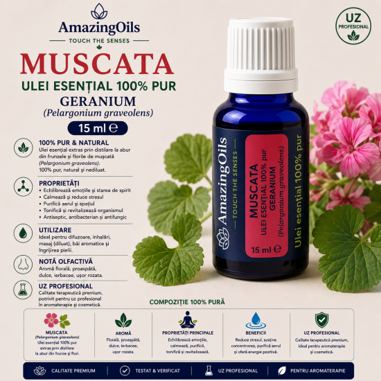 MUSCATA -Ulei esential 100% pur - GERANIUM  (Pelargonium graveolens )15ml
