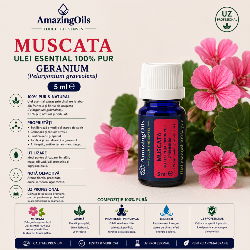 MUSCATA-Ulei esential 100% pur -/ GERANIUM  (Pelargonium graveolens ) 5ml