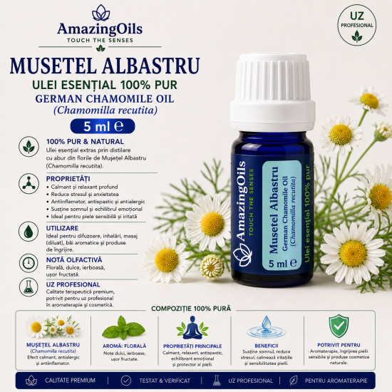  MUSETEL ALBASTRU - Ulei esential 100% pur - GERMAN CHAMOMILE OIL (Chamomilla recutita) 5ml