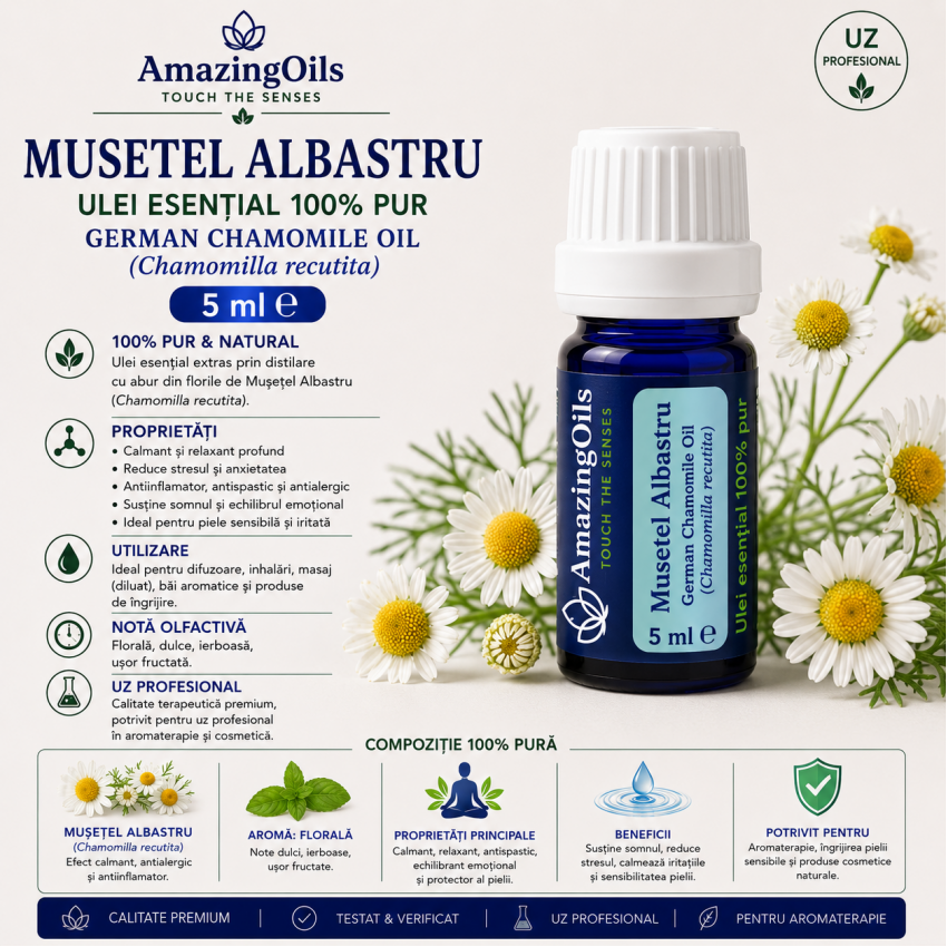  MUSETEL ALBASTRU - Ulei esential 100% pur - GERMAN CHAMOMILE OIL (Chamomilla recutita) 5ml