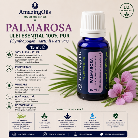 PALMAROSA-Ulei  esential 100% pur- (Cymbopogon martinii wats var) 15ml