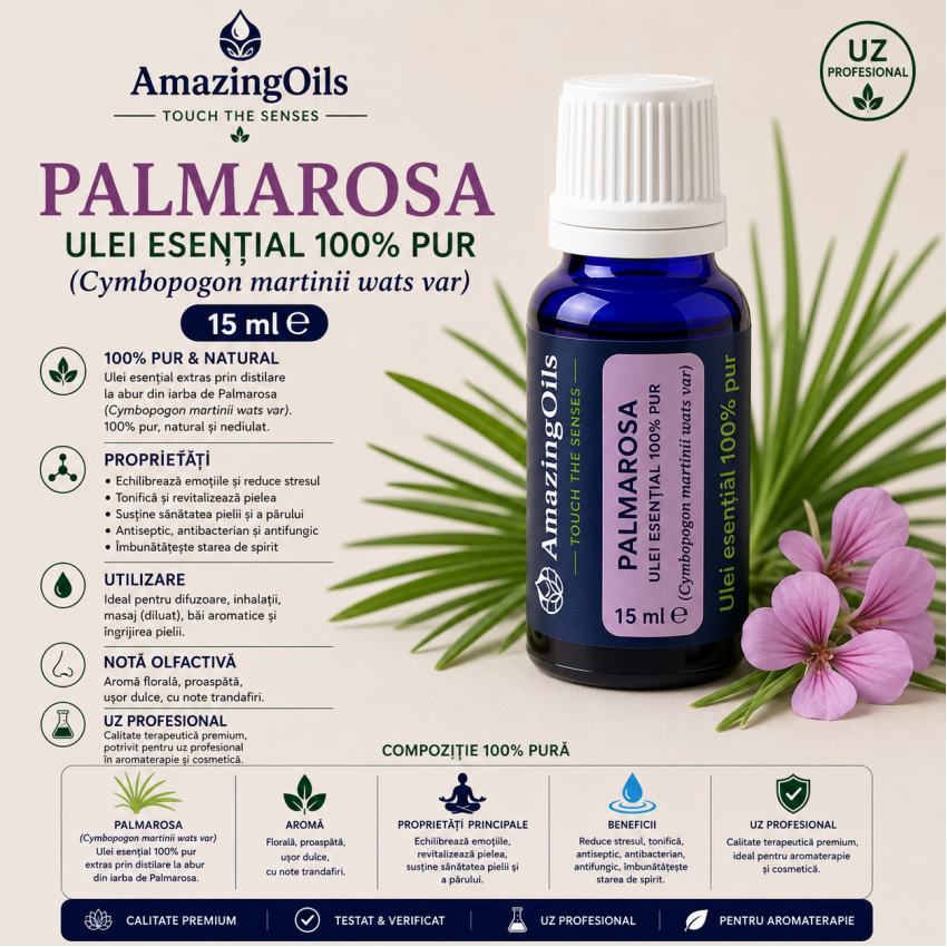 PALMAROSA-Ulei  esential 100% pur- (Cymbopogon martinii wats var) 15ml