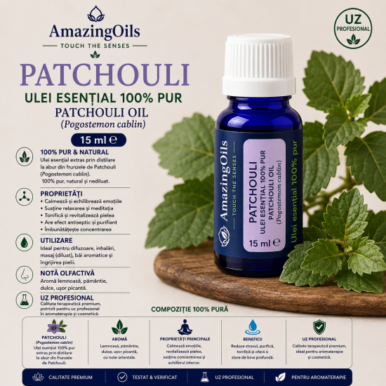 PATCHOULI  -Ulei esential 100% pur -  PATCHOULI OIL (Pogostemon cablin) 15 ml