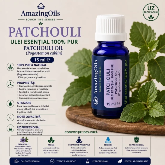 PATCHOULI  -Ulei esential 100% pur -  PATCHOULI OIL (Pogostemon cablin) 15 ml