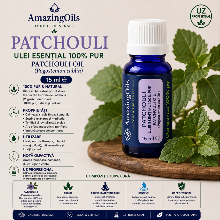 PATCHOULI  -Ulei esential 100% pur -  PATCHOULI OIL (Pogostemon cablin) 15 ml