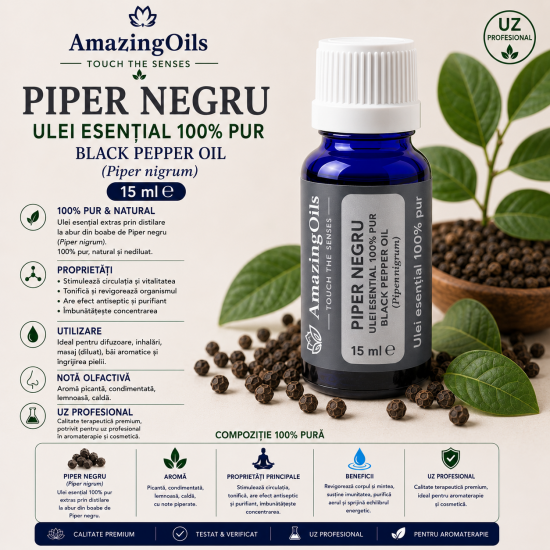PIPER NEGRU -   Ulei esential 100% pur -  BLACK PEPPER OIL (Piper nigrum) 15ml