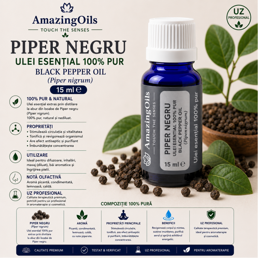 PIPER NEGRU -   Ulei esential 100% pur -  BLACK PEPPER OIL (Piper nigrum) 15ml