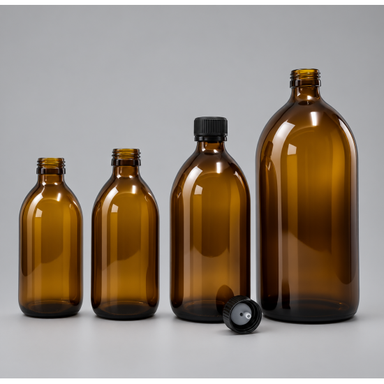 Recipient sticlă amber 500 ml cu capac negru 28/410