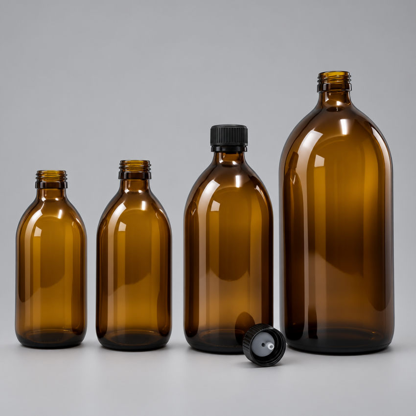 Recipient sticlă amber 500 ml cu capac negru 28/410