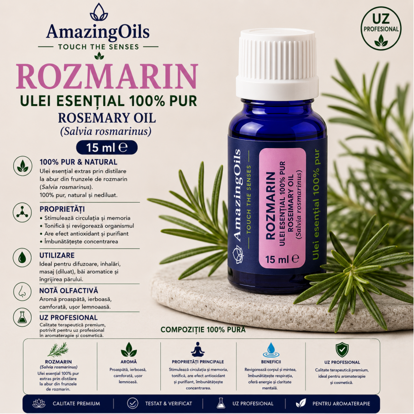 ROZMARIN - Ulei esential 100% pur -  ROSEMARY OIL (Salvia rosmarinus) 15ml