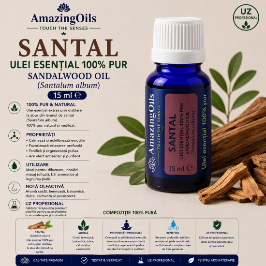 SANTAL-Ulei esential 100% pur SANDALWOOD (Santalum album)-15ml