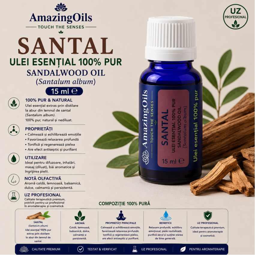 SANTAL-Ulei esential 100% pur SANDALWOOD (Santalum album)-15ml