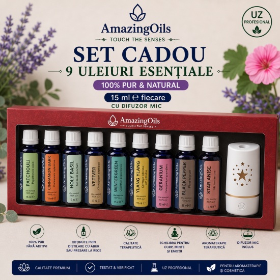SET 9 uleiuri esentiale  100% PUR +difuzor mic-15 ml  fiecare cu difuzor mic -STAR