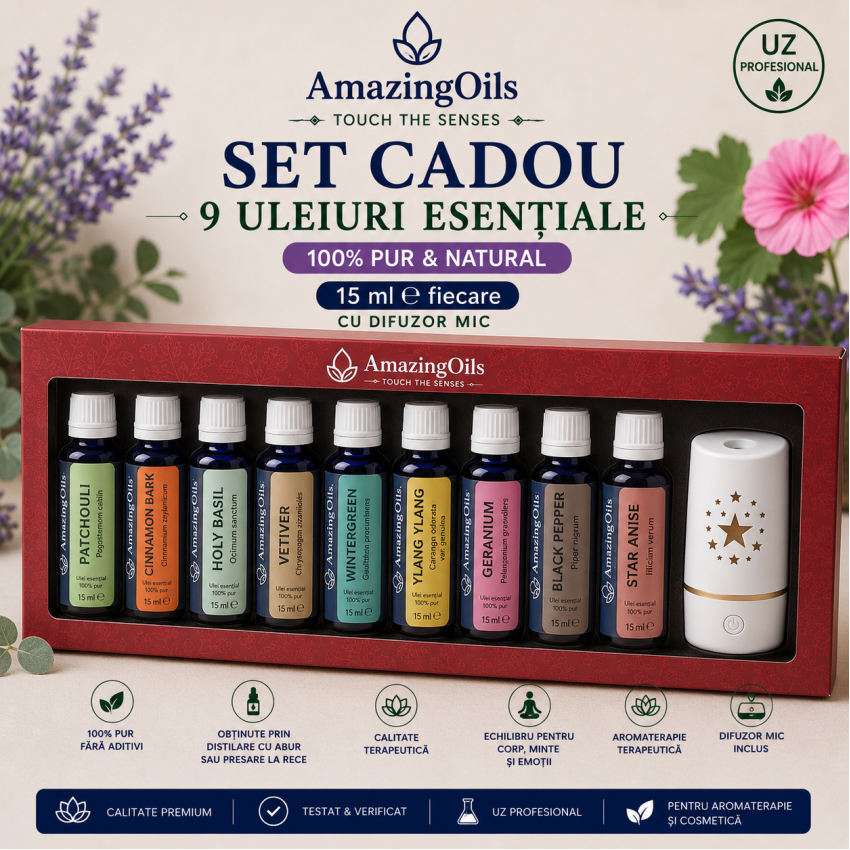 SET 9 uleiuri esentiale  100% PUR +difuzor mic-15 ml  fiecare cu difuzor mic -STAR
