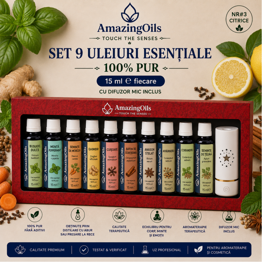 SET 9 uleiuri esentiale 100% PUR -15 ml fiecare cu difuzor mic NR#7 AROME