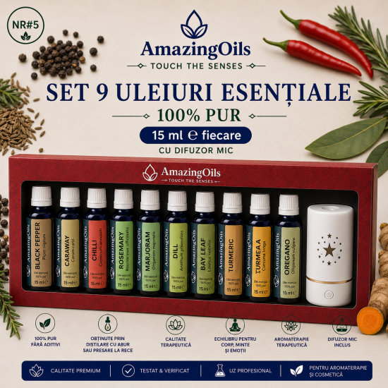 SET 9 uleiuri esentiale 100% PUR -15 ml fiecare  cu difuzor mic NR#6 CONDIMENTE