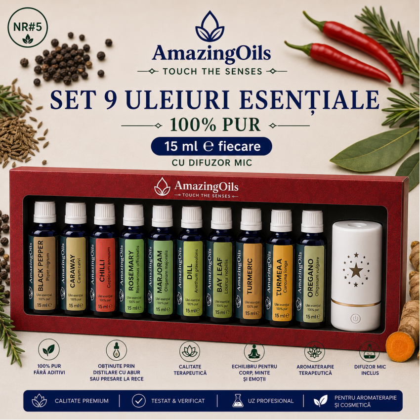 SET 9 uleiuri esentiale 100% PUR -15 ml fiecare  cu difuzor mic NR#6 CONDIMENTE