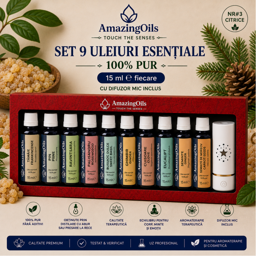 SET 9 uleiuri esentiale 100% PUR -15 ml fiecare cu difuzor mic>NR#1