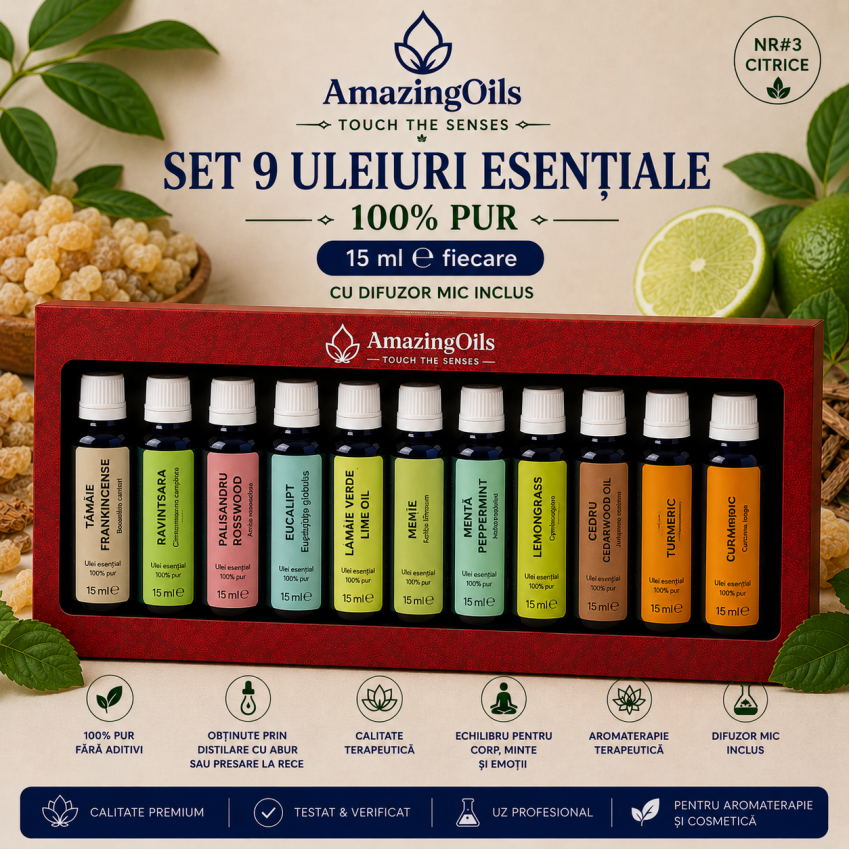 SET 9 uleiuri esentiale 100% PUR -15 ml fiecare cu difuzor mic  >NR#3