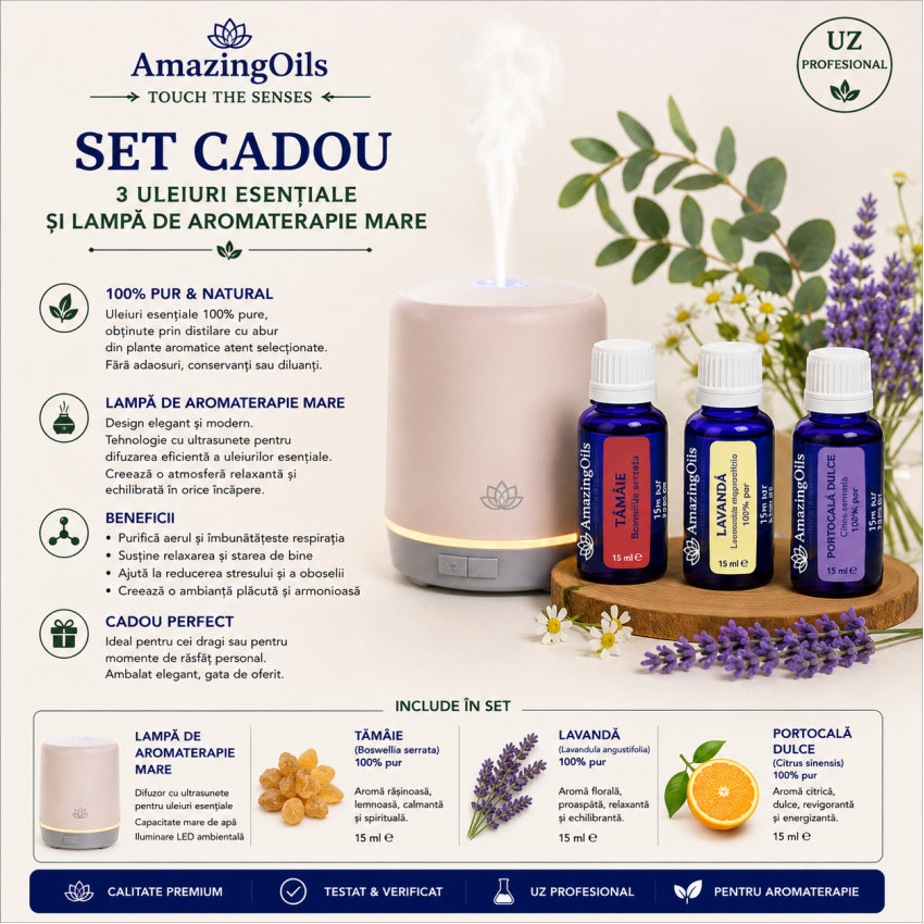 SET CADOU 3 ULEIURI ESENTIALE SI LAMPA DE AROMATERAPIE MARE.
