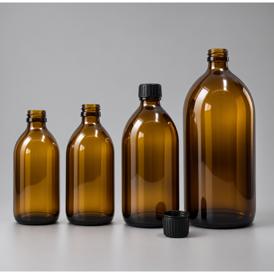 Recipient sticlă amber 1000 ml cu capac negru 28/410