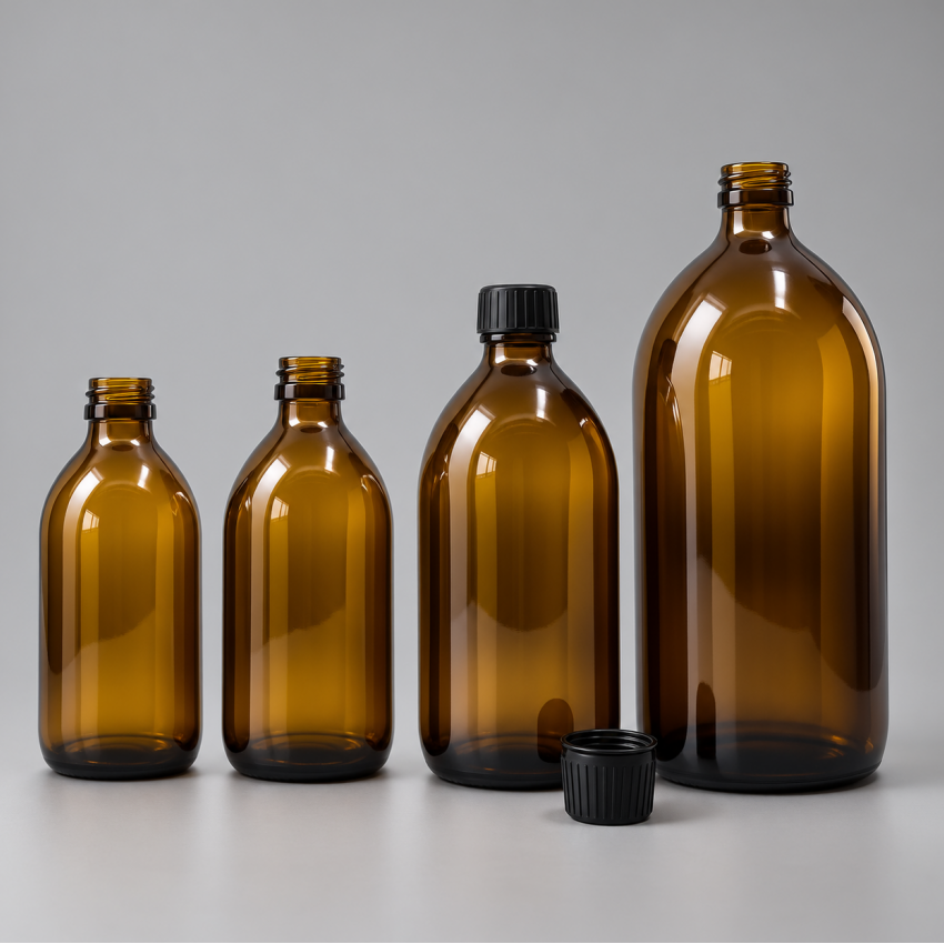 Sticlă brună ambra 300 ml cu capac negru 28/410