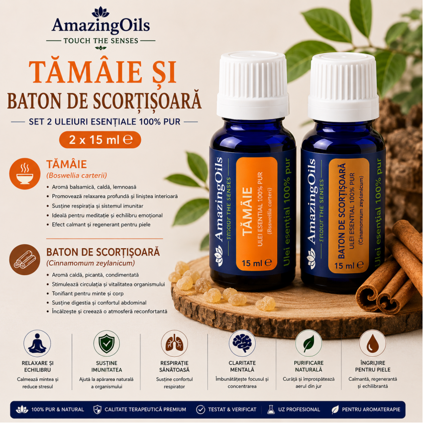 TAMAIE SI BATON DE SCORTISOARA-Set 2 uleiuri esentiale 100% pur-2x15 ml 