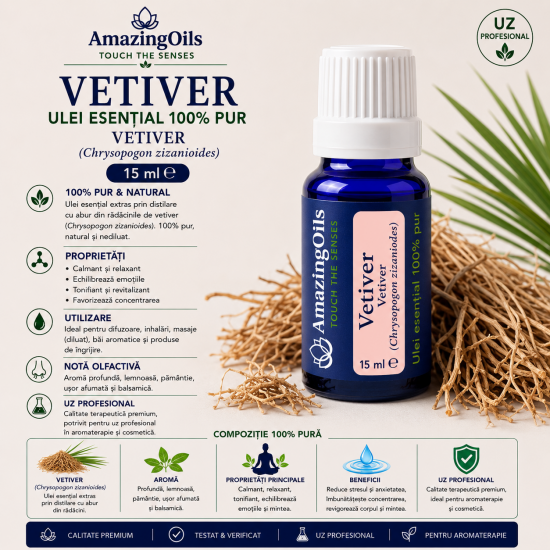  VETIVER -Ulei esential 100% pur -  VETIVER  (Chrysopogon zizanioides) 15 ml 