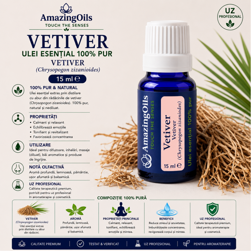  VETIVER -Ulei esential 100% pur -  VETIVER  (Chrysopogon zizanioides) 15 ml 