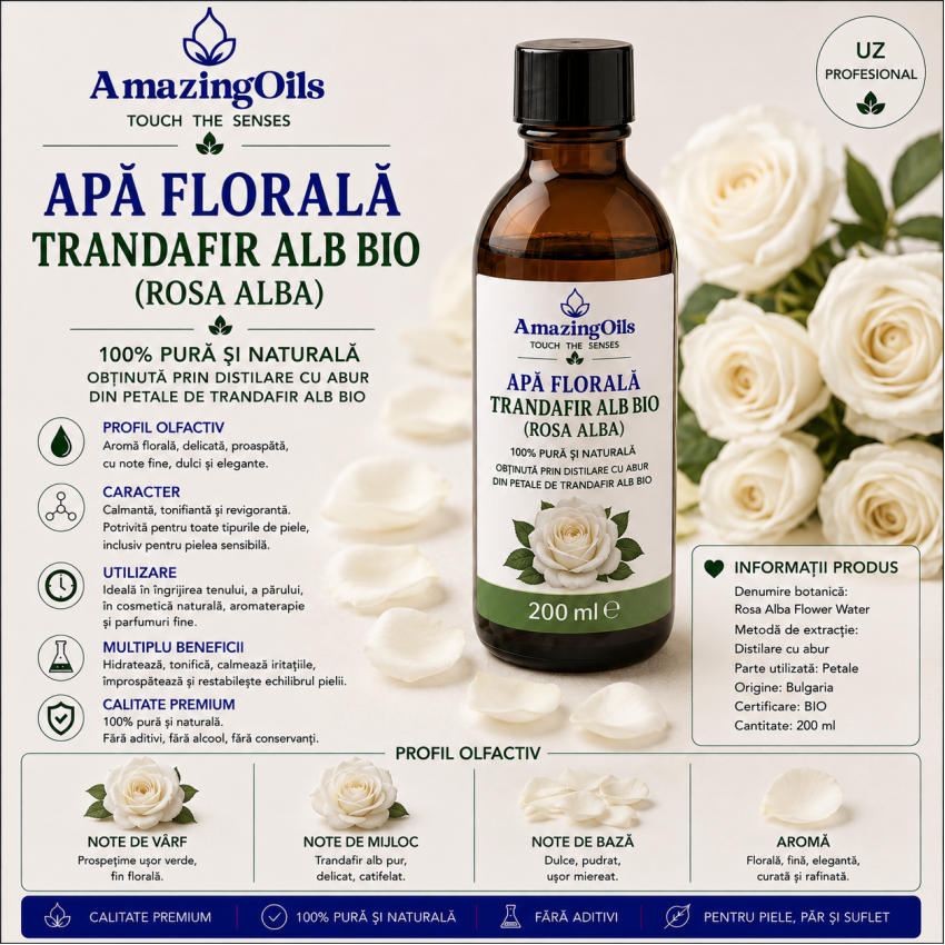 Apă Florală Trandafir Alb Bio (Rosa Alba) – 200ml