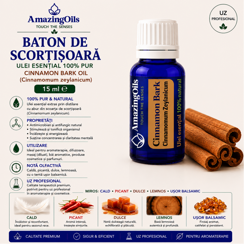   BATON DE SCORTISOARA -Ulei esential 100% pur - CINNAMON BARK OIL (Cinnamomum zeylanicum) 15 ml