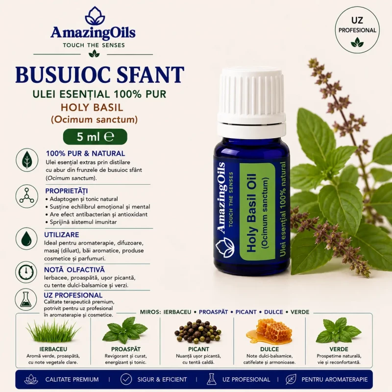   BUSUIOC SFANT-Ulei esential 100% pur -HOLY BASIL  (Ocimum sanctum)  5 ml 
