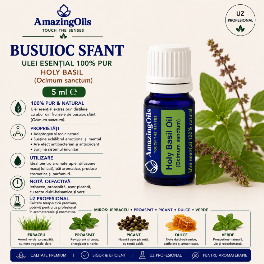   BUSUIOC SFANT-Ulei esential 100% pur -HOLY BASIL  (Ocimum sanctum)  5 ml 